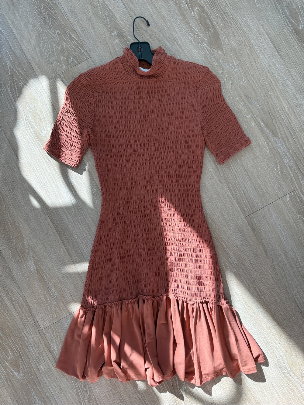 A.L.C. Rust Aston Smocked Mini Dress with Ruffle Hem